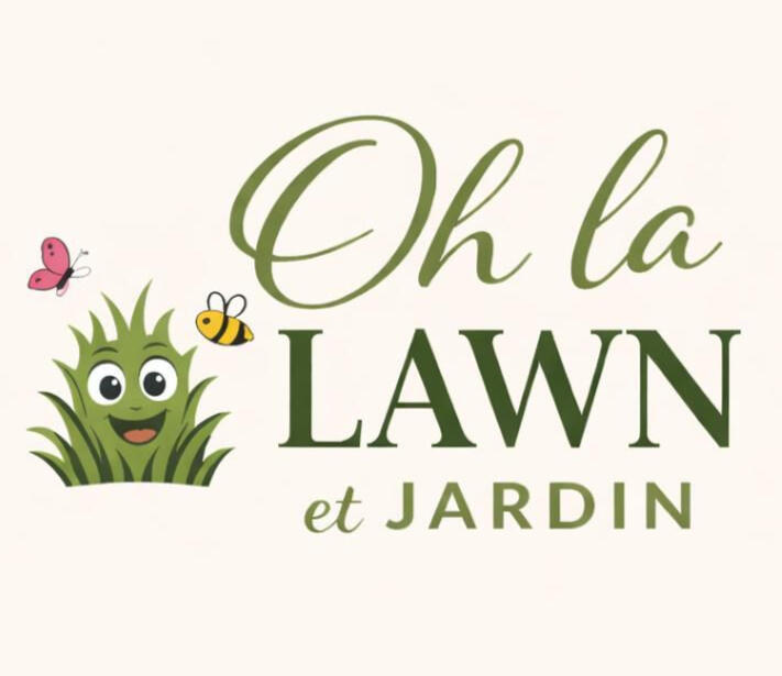 Oh La Lawn et Jardin Logo for "Oh la Lawn et Jardin" featuring a cartoon smiling grass character with googly eyes, a yellow bee, a pink butterfly, and green script and serif lettering on a cream background.
